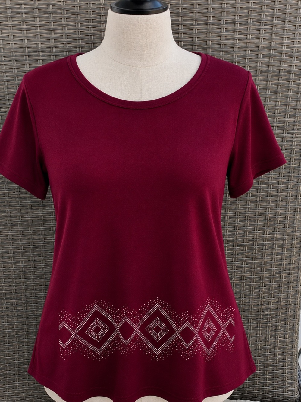 Women's Burgandy Short-Sleeve Tee with Decorative Hem